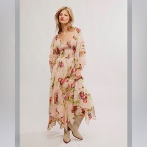 New Free People Morning Glory Floral Smocked Long Sleeve Maxi Dress